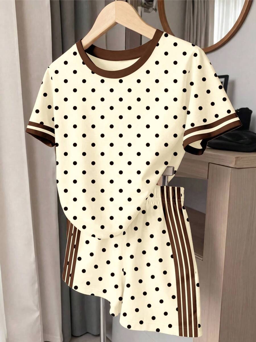 青少年女孩復古現代波點黃色與棕色經典波點對比色運動條紋法式多巴胺穿搭慵懶隨興休閒極簡短袖上衣與短褲兩件套適合夏季 - 白色 - 查看 1