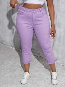 SHEIN Tall CURVE Quần skinny dáng lửng denim trắng co giãn size lớn cho nữ - Màu tím - Xem 1