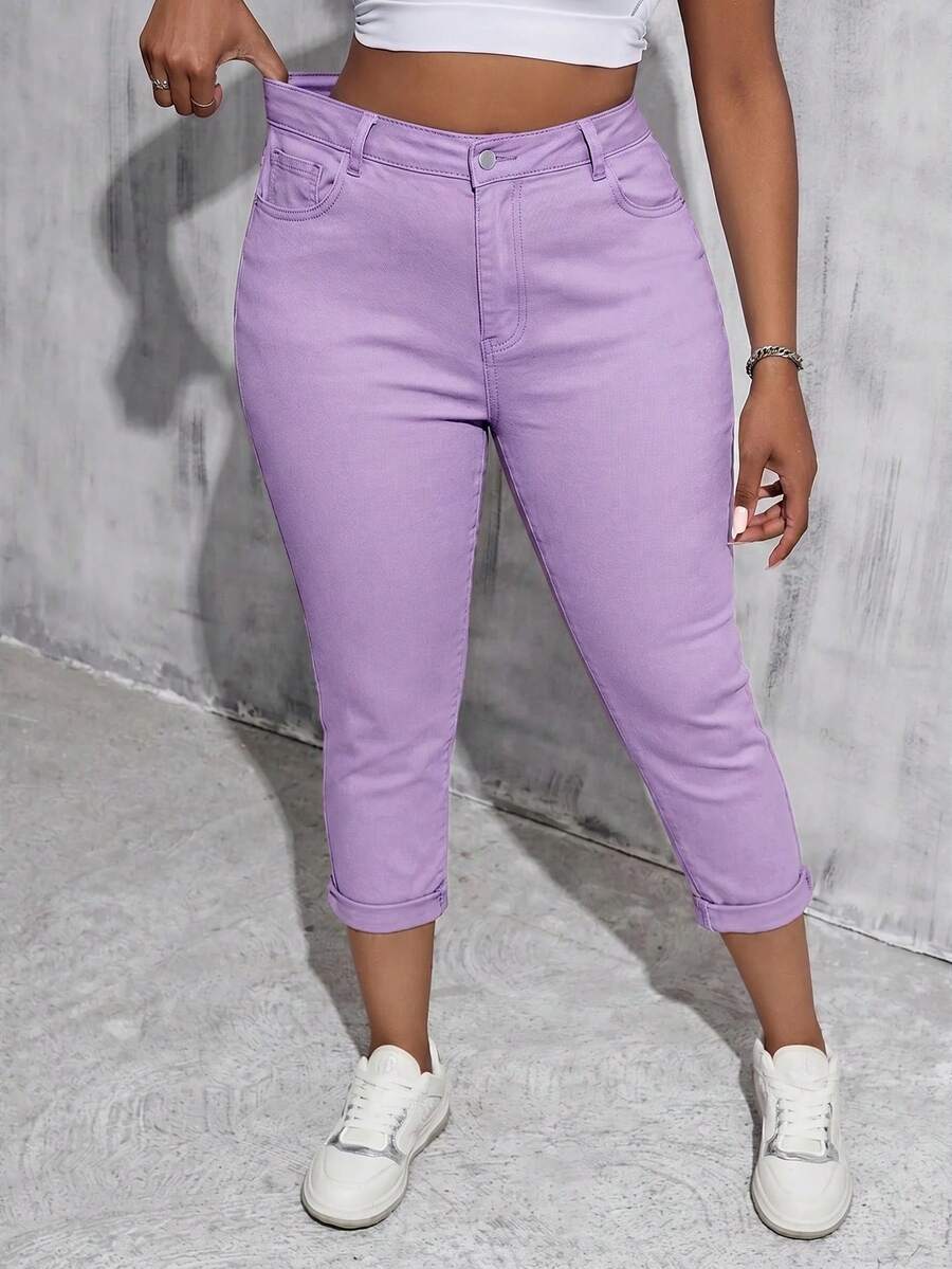 SHEIN Tall CURVE Quần skinny dáng lửng denim trắng co giãn size lớn cho nữ - Màu tím - Xem 1