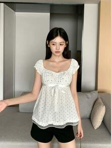 INAWLY Summer Puff Sleeve Polka Dot Square Neck Short Sleeve Women's Ruffle Lace Hem Top - Apricot - View 7
