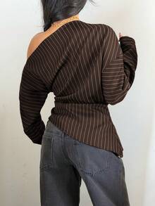Siren Gaze Women's Striped Asymmetrical Shoulder Casual Versatile Daily Outing Top - Brown - View 2