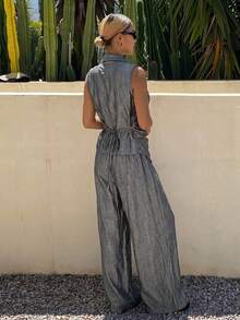 Livesso Conjunto de 2 piezas para mujer: Elegante top chaleco con pechera asimétrica & Pantalones casuales de pierna recta, atuendo de verano para ir al trabajo, negocios, boda, banquete y vacaciones - Gris - Ver 4