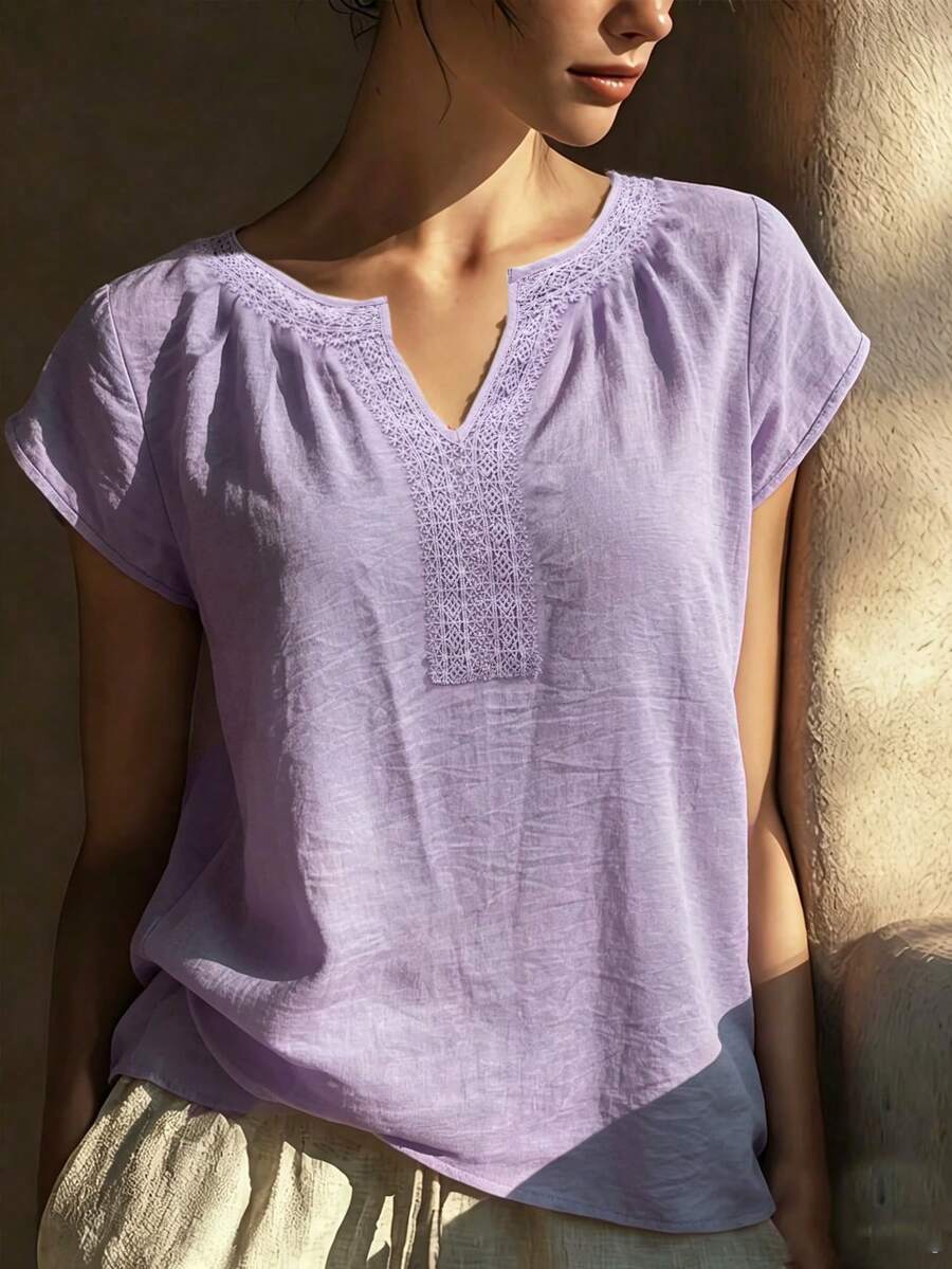 Linhara CURVE Plus-Size Women's Spring/Summer Fashion: Casual, Simple, And Versatile Retro Purple Solid-Color Pleated Design With Lace Trim Women's Shirt-Perfect For Spring And Summer Outfits