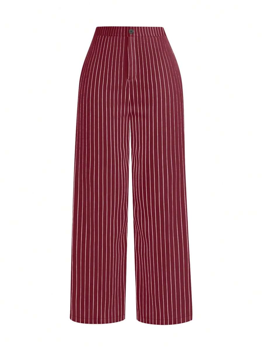 SHEIN PETITE PETITE-D 系列女款通勤極簡條紋直筒長褲 - 紅木色 - 查看 1
