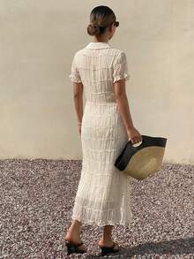 DAZY Summer Women's Elegant Style Lapel Contrast Color Striped Sweater Dress - White - View 2