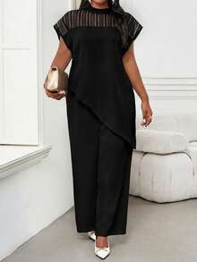 SHEIN Lady Plus Size Women's Mesh Patchwork Asymmetric Hem Black Top Cocktail Party Dinner Summer Elegant - Black - View 2