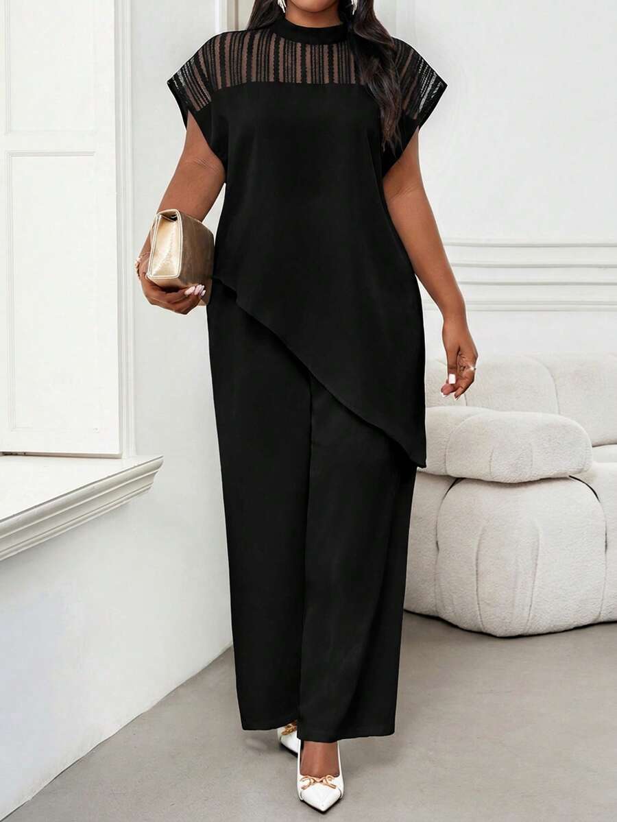 SHEIN Lady Plus Size Women's Mesh Patchwork Asymmetric Hem Black Top Cocktail Party Dinner Summer Elegant