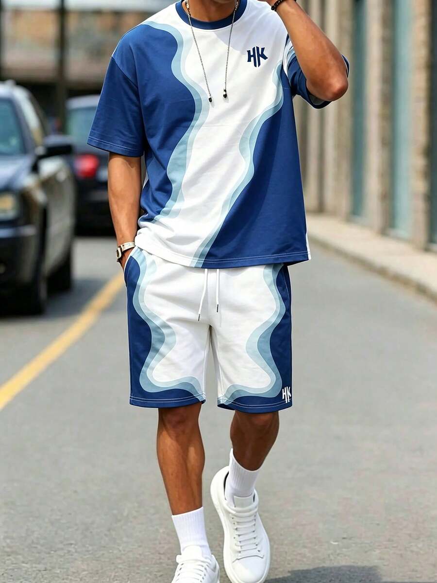 OlaRiff 男士漸層波浪圖案運動套裝,街頭風穿搭,適合演唱會、度假、街頭與日常穿著,適用於成人與學生,節日款 - 彩色 - 查看 1