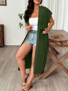 Weeklong Cárdigan casual de punto de manga corta y unicolor para mujer de talla grande - Verde militar - View 3