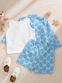 Souflis Souflis 3 pièces Ensemble de chemise à manches longues imprimée avec boutons, gilet sans manches à col rond et short pour bébé garçon, style décontracté et mode, convient pour le printemps/été, les vacances, les sports, le collège, les fêtes et la photographie, ensemble pour bébé garçon, tenue d'été pour bébé garçon, vêtements pour tout-petit garçon, ensembles d'été, ensemble décontracté pour bébé garçon, vêtements d'été pour garçons - Bleu azur - Voir 5