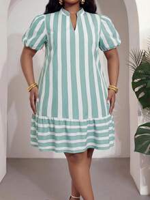 Veslaya Plus Size Women 2026 Spring/Summer New High-End Elegant Romantic V-Neck Petal Sleeve Striped A-Line Patchwork Hem Short Dress - Multicolor - View 5