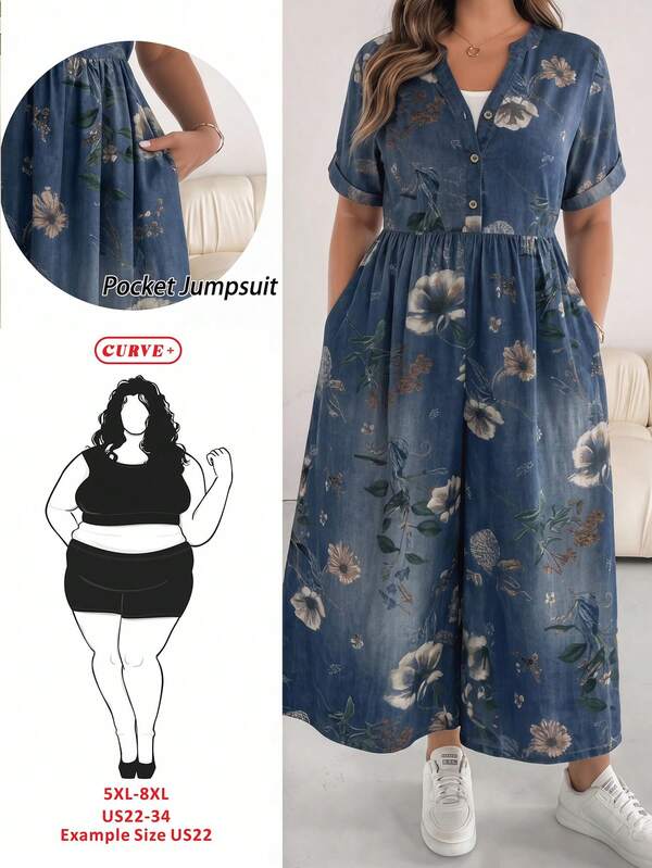 SHEIN CURVE+ Váy nữ size lớn cổ chữ V họa tiết hoa nhún nhăn phong cách thường ngày dự tiệc