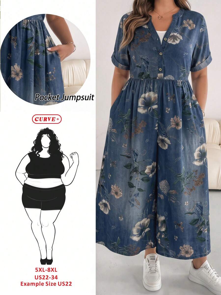 SHEIN CURVE+ 大尺碼女款V領碎花印花抓皺休閒派對洋裝 - 彩色 - 查看 1