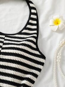 Teen Girls Casual White Base Daily Vacation Beach Seaside Halter Neck Fitted Striped Short Jumpsuit - Black and White - View 6