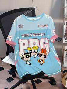 THE POWERPUFF GIRLS X SHEIN Plus Size Women's Round Neck Short Sleeve T-Shirt - White - View 1