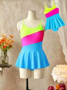 SHEIN Young Girl Patchwork Color Block One-Piece Swimsuit With Skirt,Neon Bright Colors Kids Swim Dress For Tweens,Summer Beach Holiday Bathing Suits - Multicolor - View 7