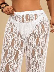 Travachic Pantalones de playa transparentes de encaje de unicolor para mujer talla grande, casual, vacaciones, atuendos de vacaciones para mujer, vacaciones, atuendos de vacaciones de verano, atuendos de vacaciones para mujer, vacaciones - Blanco - Ver 5