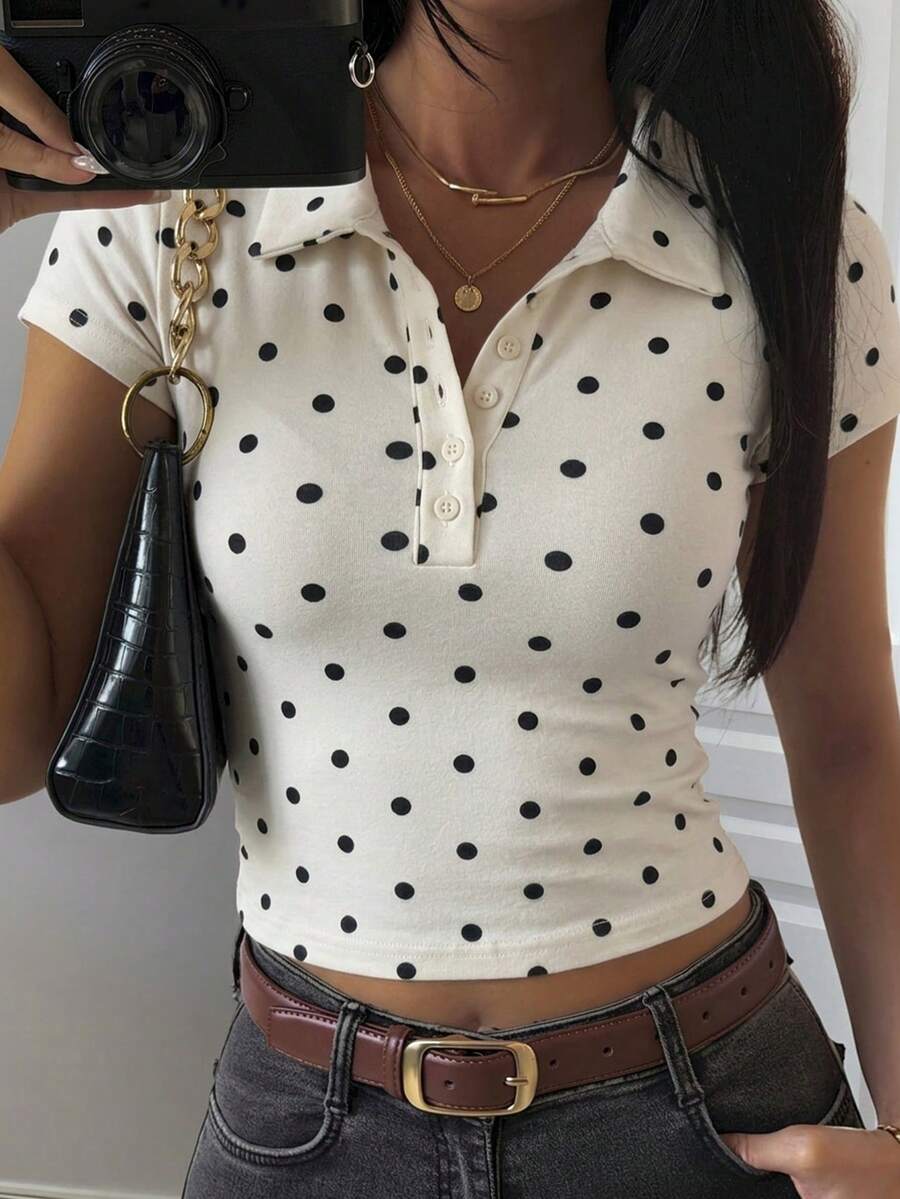 DAZY 女款翻領短袖修身性感休閒套頭街頭風 T-shirt 夏季可愛上衣 - 白色 - 查看 1