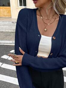 Serisse Spring/Autumn Casual Solid Color Cropped Cardigan Everyday Navy Blue - Navy Blue - View 3