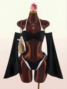 Amplova Women's Long Sleeve Color Block Swimwear, Sexy Avant-Garde Style, Suitable For Vacation And Beach Party Wear, 2 In 1 Detail Summer Black - Black and White - View 1