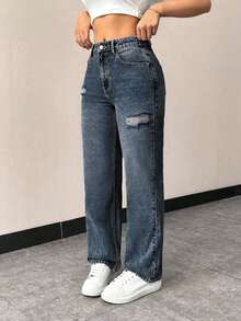 EMERY ROSE Distressed Straight Leg Denim Jeans Suitable For Daily Wear Everyday Dark Blue Summer Casual - Blue - View 7