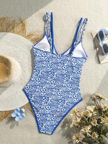 Swim Mod Women's One-Piece Floral Print Cut-Out Ring Detail Swimsuit, Summer Holiday Beach Vacation Outfit White And Blue Floral Tropical - Blue and White - View 2