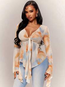 Radiana Women's Autumn Sexy Elegant Chic Sheer Mesh Print Long Sleeve Top, Sexy V-Neck Top, Flare Sleeve Top, Flowy Mesh Top, Front Tie Closure Ruffle Hem Top, Elegant Top, Casual Top, Fashion Casual Sexy Tie-Dye Print Sheer Mesh Flare Sleeve Top, Tie Top, Suitable For Daily Casual Outings, Dates, Gatherings, Parties, Music Festivals, Vacations, Beaches, Holidays, Concerts, Carnival Parties, Versatile Top - Multicolor - View 6