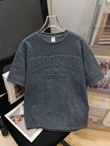 Kids Tween Boy Casual Simple Snowflake Knit Grey Short Sleeve 3D Embossed Letter Y2K Pattern Pullover Crew Neck T-Shirt, Suitable For Back To School, Outings, Gatherings, Vacations, Spring And Summer - Grey - View 3