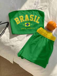 復古時尚綠色字母 BRAZIL、鮮豔陽光黃、金色星芒、金海岸、拼色領條紋運動風 - 彩色 - 查看 3