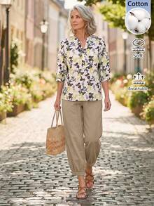 EMERY ROSE Middle-Aged & Elderly Women's Floral Print Shirt And Solid Color Pants Set - Multicolor - View 1