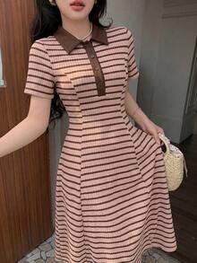 Modelyn Women's Spring/Summer Pink Knit Textured Striped Color-Block Brown Knit Button Polo Collar Cinched Waist A-Line Elegant Romantic Midi Dress - Multicolor - View 8