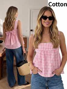 Easowa Blouse sans manches à carreaux avec nœud au dos et ourlet à volants pour femmes - Rose bonbon - Voir 8