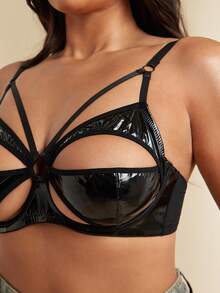 SHEIN BAE CURVE 大码女士纯色镂空钢圈薄杯舒适文胸内衣 - 黑色 - 查看 4