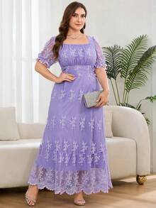 SHEIN Clasi Plus Size Summer Elegant Solid Color Lace Dress - Purple - View 7