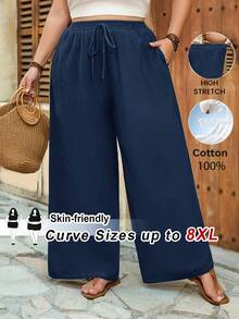 SHEIN CURVE+ 大尺碼US22音樂節、海邊度假、波西米亞風女款夏季休閒沙灘套裝，時尚商務通勤優雅寬腿口袋長褲，蓮花粉色，夏季長褲/鄉村/海邊度假套裝/沙灘套裝/沙灘穿搭 - 霧霾藍 - 查看 8