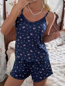 CottageSlumber Knitted Ribbed Ditsy Floral Print Camisole Set - Navy Blue - View 5