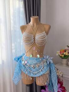 Sirith Cadena corporal con colgante de perlas falsas y lentejuelas, top sexy para vacaciones de mujer - Dorado - Ver 4