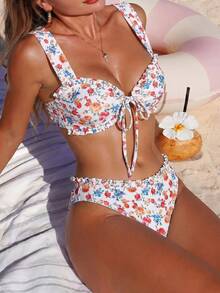 Swim Vcay Girls Sweet 2pcs Floral Random Print Wide Strap Chest Tie Triangle Bikini Swimsuit Set - Multicolor - View 1