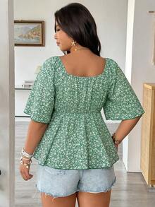 Vionelle Plus Size Spring/Summer Dark Green Base Small Ditsy Floral Sweetheart Collar Ruffle Sleeve Casual Versatile Elegant Blouse Vacation - Green - View 2