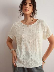 Freevana Women's French Romantic Vacation Style | White Eyelet Embroidery Short Sleeve Blouse - Sweet Deep V Open Back With Bow Tie Top - White - View 7