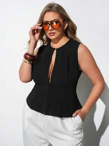 Maija Plus Size Women's Summer Elegant Solid Color Hollow Out Sleeveless Top Wedding Black - Black - View 6