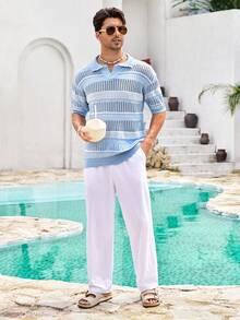 Mercer Haus YONGC Men's Fashionable Lightweight Hollow Striped Knit Polo Shirt, Breathable Short Sleeve Versatile Knit Top, Casual & Comfortable Wear For Men In Spring/Summer - Baby Blue - View 4