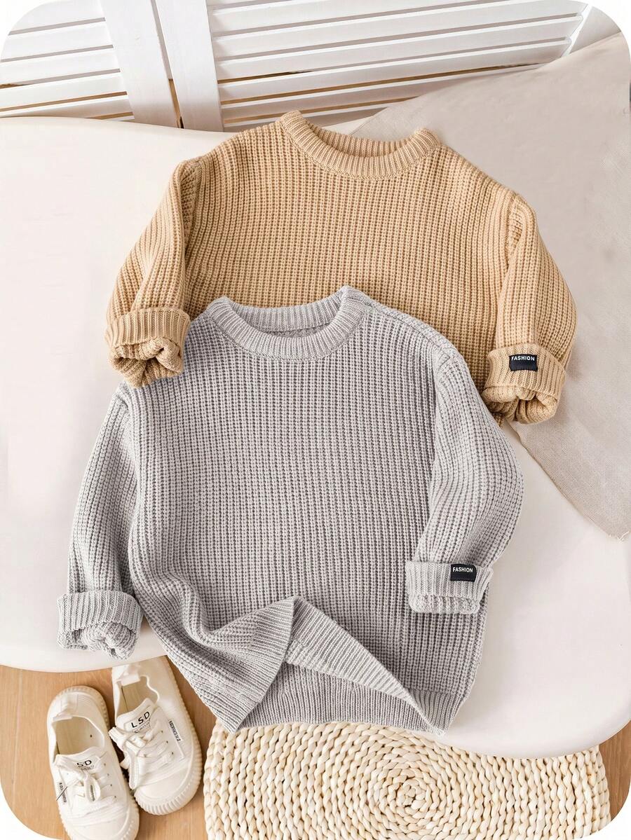 SHEIN 2pcs/Set Back To School Young Boys Brown Khaki Versatile Textured Loose Pullover Sweater, Suitable For Home, Layering, Outings And School - Multicolor - View 1