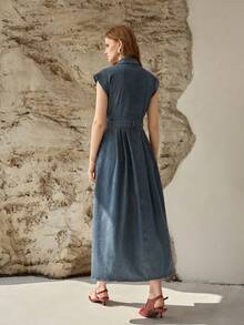 MOTF PREMIUM SPRING/SUMMER WOMEN'S CASUAL COMMUTER FRONT BUTTON DENIM DRESS - Medium Wash - View 3