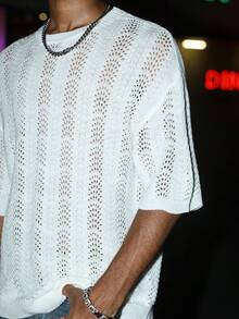EGENSIO Men's Summer Casual Solid Color Round Neck Short Sleeve Hollow-Out Knit Top - White - View 4