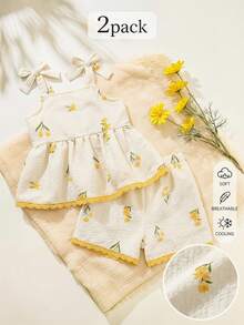 SHEIN Playful Pals 2件套女婴幼儿/新生儿0-3岁休闲日常可爱度假条纹蝴蝶结装饰吊带背心+短裤套装，春夏款 - 白色 - 查看 9
