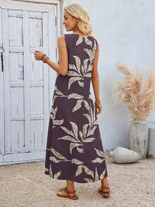 EMERY ROSE Casual Boho Leaf Pattern V-Neck Long Women's Dress Suitable For Spring And Summer Vacation Dark Purple - Brown - View 2