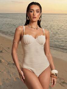 Silquee Women'S Solid Color Textured One-Piece Swimsuit For Vacation Bathing Suits For Women One Piece Swimsuit Women - Apricot - View 8