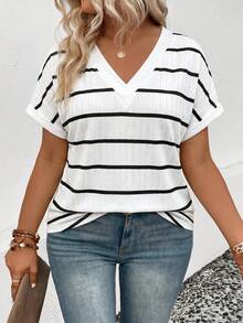 EMERY ROSE Camiseta de mujer de talla grande, nueva y de gran para primavera/verano, de punto acanalado con estampado de rayas, diseño de capas, cuello en V, casual y versátil - Multicolor - Ver 5