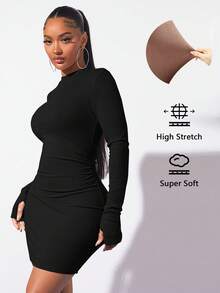 SHEIN SXY Mock Neck Ruched Bodycon Black Mini With Long Sleeves  Dress - Black - View 8